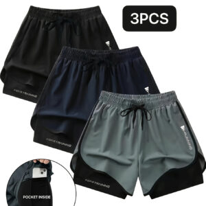 3 peças de calções de corrida desportivos e casuais para homem – elásticos, respiráveis, de secagem rápida, anti-reflexo com bolsos, cores sólidas (preto, verde, preto), cintura com cordão, fabrico de poliéster