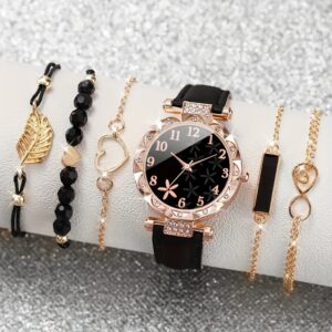 Conjunto de 6 peças para Mulheres com Relógio de Correr, Relógio de Pulso de Quartzo, Relógio de Mão de Couro e Pulseira de Git para Mãe