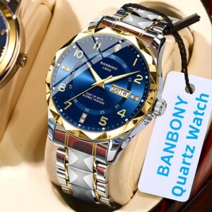 Relógio de Luxo Masculino BANBONY em Aço Inoxidável – Mostrador Azul com Detalhes Dourados, Números Romanos, Strass, Ponteiros Luminosos, À Prova D’água, Mostrador de Data, Função Cronógrafo, Presente Ideal para Aniversários, Feriados, Aniversários