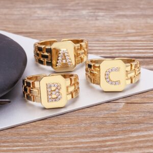 Anel de dedo ajustável com alfabeto banhado a ouro 18K estilo vintage, incrustação de zircônia 3A, faixa aberta com letras de A a Z, uso diário e para festas, presente de Páscoa, adequado para todas as estações