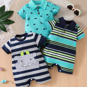 Conjunto de 3 peças de macacão casual de manga curta para bebê, com gola dobrável e decote redondo, roupas de verão para meninos pequenos e bebês.