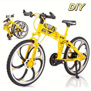 Modelo de bicicleta de dedo DIY SUNGDOGIN, bicicleta de montanha dobrável de liga de zinco amarela, ornamento de desktop para casa, construção de liga, bicicleta de exposição colecionável