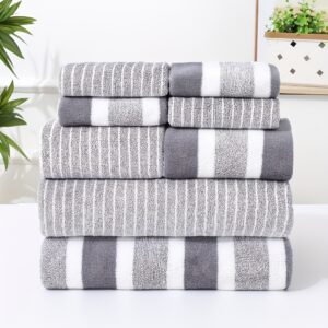 Conjunto de toalhas de luxo com 8 peças – Ultra macio, secagem rápida em microfibra, design listrado em tons de cinza e branco, inclui 2 toalhas, 2 toalhas de mão, 4 panos de lavagem, perfeito para decoração moderna de casa, toalhas de mão para quartos