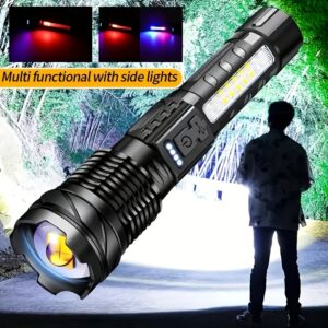 Uma lanterna e holofote recarregáveis poderosas, adequadas para acampamentos ao ar livre, pesca, caça, escalada, iluminação noturna de emergência em aventuras e caminhadas.