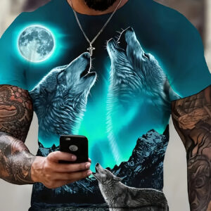 Camiseta Masculina com Estampa 3D de Lobo – Manga Curta Casual, Mistura de Poliéster Respirável, Perfeita para Atividades ao Ar Livre no Verão