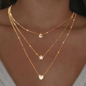 Colar Multicamadas Elegante com Pingentes de Cristais – Coração, Estrela e Lágrima – Liga de Zinco com Mosaicos de Strass para Uso Diário e Festas