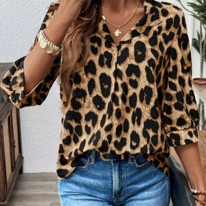 Blusa Feminina Chique de Estampa de Leopardo com Manga Longa – Poliéster Casual, Lavável à Máquina, Decote em V, Não Transparente com Detalhe Cruzado Elegante, Perfeita para Moda Primavera/Verão, Estilo Chique para o Dia a Dia | Roupa Casual Elegante | Blusa de Caimento Descontraído