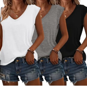 Conjunto de T-Shirt de Manga Curta com Cor Sólida e Decote em V, Três Peças.