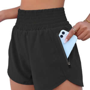 Calções de corrida de cintura alta para mulheres com bolsos, projetados para desporto e secagem rápida.