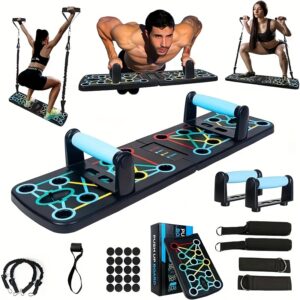 Conjunto de Treinamento de Força Universal com 11 Peças – Combo de Equipamentos de Fitness Multifuncionais em Polipropileno com Prancha de Flexão, Faixas de Resistência e Pegadores