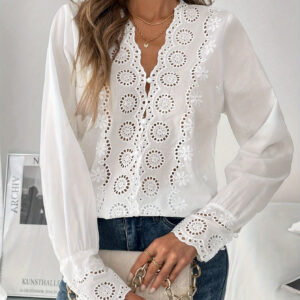 Blusa elegante de manga comprida com decote em V para mulheres, em tecido de poliéster 100%, com detalhes de renda no pescoço, cor sólida, leve e com 120g/m² para a primavera/verão/outono