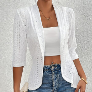 Cardigã Feminino Elegante de Frente Aberta – Branco Sólido, Manga Curta, Bordado com Alfinetes, Malha Leve, Jaqueta de Moda Primavera/Outono