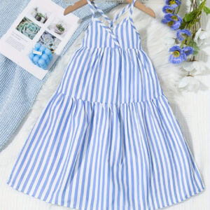 Vestido de Férias com Alças Finas Listrado Azul e Branco para Meninas – Verão 2024