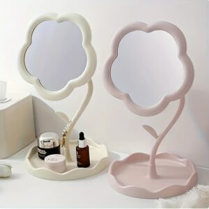 1pc trompete em caixa, espelho cosmético em forma de flor com vidro de alta definição e suporte ajustável – muito adequado para penteadeira – design em forma de flor, decoração de quarto para amantes da beleza, instalação em penteadeira, moldura de plástico