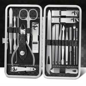 Conjunto de Cortadores de Unhas para Dedos e Pés, Kit de Manicure e Pedicure – 19 peças de Aço Inoxidável, Kits Profissionais de Cuidados com as Unhas com Estojo de Viagem Luxuoso