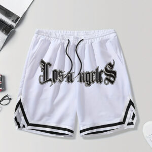 Calções de basquetebol com estampado de Los Angeles para homem, corte solto casual em poliéster 100% tecido, calções desportivos sem elasticidade com cordão para treino e atividades ao ar livre, padrão de alfabeto para uso diário
