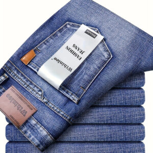 Calças jeans masculinas sólidas, estilo de negócios leve com pernas retas ligeiramente elásticas para uso casual diário ao ar livre