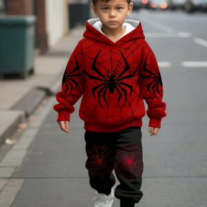 Conjunto de duas peças para bebês meninos europeus e americanos de outono e inverno com moletom com capuz estampado de aranha + calça de moletom estampada de aranha [desenvolvimento direcionado]