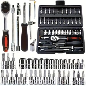 46pcs Conjunto de Ferramentas de Alumínio Profissional com Chave de Ratchet, Cabeças de Parafusadeira Multifuncionais, Tamanhos Métricos, Barra de Extensão – Ideal para Reparo e Manutenção de Relógios, Sem Montagem Necessária