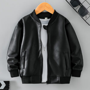 1pc Jaqueta de Couro Preta da Moda Masculina Donabebe, Estilo Casual, Manga Longa, Ajuste Regular, Todas as Estações, Cor Lisa, Fecho de Zíper, Material Poliéster, Trama Não Têxtil, Gola de Lapela, Contorno Convencional, Casaco de Pele Sintética.