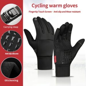 Luvas de inverno à prova de vento e forradas com lã para ciclismo e esqui – Quentes, antiderrapantes, material espessado, preto com acenos vermelhos, luvas de dedo completo para desportos de clima frio, luvas de ciclismo | Luvas de inverno funcionais | Mistura de poliéster e spandex