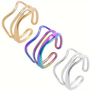 Anel ajustável de aço inoxidável 304, design unissex de onda irregular, estilo vintage boêmio, banhado a ouro 18K, acessório de moda feminina, pulseira aberta, uso para todas as estações, perfeito para o dia a dia e presentear.