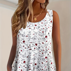 Top de vestido casual sem mangas e decote redondo, com estampa floral pequena, para o verão, em tamanho grande, em poliéster, 190g/m², tecido de malha, média elasticidade, para mulheres.