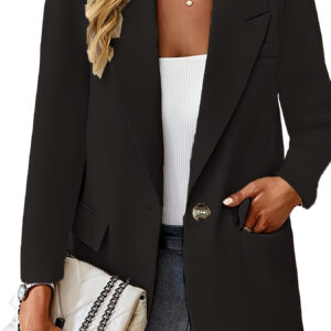 Blazer Casual de Poliéster de Cor Sólida para Mulheres [Estilo Elegante], Jaqueta de Lapela com Manga Longa e Botão Único com Bolsos, Ajuste Solto, Roupa de Fora Tecida para Todas as Estações