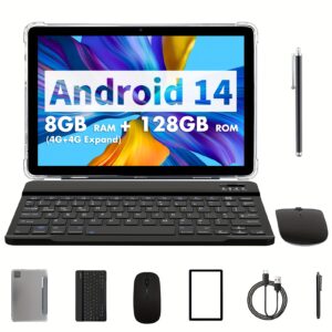 Tablet de 10.1 polegadas com sistema operacional Android 14, dispositivo 2 em 1 com teclado, mouse, capa protetora, caneta, 128GB de ROM + 8GB (4GB + 4GB expansíveis) de RAM, câmeras duplas de 8MP, processador octa-core, bateria de 8000mAh, tela IPS HD de 1280*800, Wi-Fi 6, Google, Tablet.
