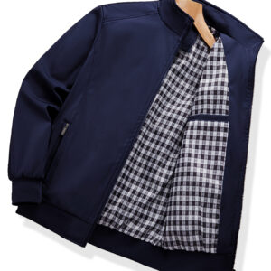 Jaqueta Corta-Vento Leve Masculina – Casual com Zíper e Gola Alta, Poliéster, Cinza Sólido com Bolso com Detalhe Xadrez – Perfeita para Primavera & Outono