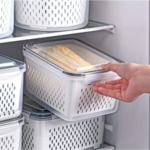 Conjunto de 9 Recipientes de Armazenamento de Alimentos em Plástico Livre de BPA com Cesto de Drenagem e Tampas – À Prova de Vazamentos, Seguro para Geladeira, Organizador Multifuncional Reutilizável para Frutas, Legumes e Alimentos