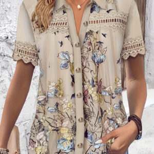 Blusa Casual Feminina com Estampa Floral – Manga Curta, com Botões e Detalhe de Renda, Mistura Respirável de Poliéster e Spandex, Perfeita para Primavera/Verão