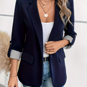 Blazer Feminino Estiloso com Detalhe de Punho Listrado – 100% Poliéster, Fechamento com Um Botão, Ajuste Regular, Mangas Compridas, Perfeito para Uso Casual ou Semi-formal na Primavera e Outono, Vestuário Casual Feminino | Moda Versátil | Tecido de Poliéster