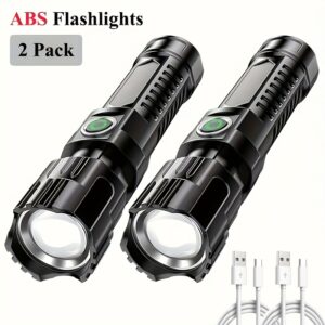 2 Unidades de Lanterna Recarregável com Zoom – 3 Modos de Iluminação, Material ABS, Carregamento USB, Bateria de Lítio, Botão de Ligado/Desligado, Superfície Polida – Ideal para Acampamento, Caminhadas e Emergências ao Ar Livre
