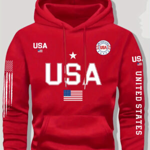 Moleton com Capuz para Homem com Padrão da Bandeira dos EUA, Pulôver Casual Unissex com Letreiro ‘Estados Unidos’, Apropriado para Estudantes e Casais, Sweatshirt Estiloso para Outono e Inverno, Pulôver Esportivo de Primavera 2025, Tricô