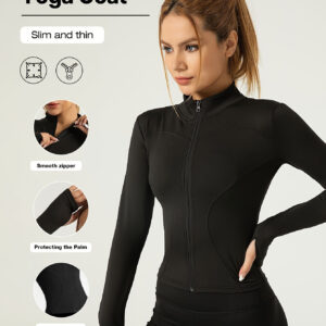 Jaqueta de Yoga Midi Feminina, 82,5% Poliéster 17,5% Elastano, Zíper Completo, Roupas Esportivas Fitness, Corte Slim, Tecido Tricotado, Esticamento Médio, Cor Sólida, Todas as Estações, Roupas de Ginástica Corrida