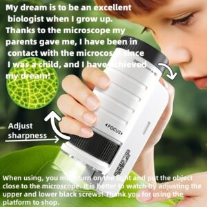 Mini Microscópio Portátil LED para Crianças – Brinquedo Educativo de Ciência para Exploração Biológica, Presente de Natal Perfeito, com Controles de Foco e Exposição, Branco para o Inverno