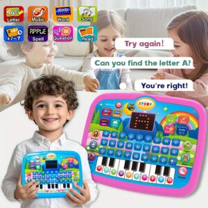 Tablet de Aprendizagem Interativa para Crianças – Brinquedo Educativo com Letras, Números, Música, Animais & Teclas de Piano, Material ABS, Funciona com Pilhas (Pilhas Não Incluídas), Azul & Rosa, Diversão para Maiores de 3 Anos