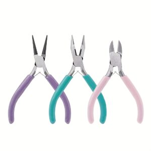 Conjunto de 3 alicates para fazer joias – Bico fino, Bico chato, Bico redondo e Cortador de fio – Perfeito para consertar joias, envolver fios e artesanato!