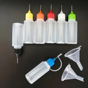 Conjunto de 8 Frascos Aplicadores de Ponta Precisa, Recipientes de Cola com Ponta de Agulha de 0.34oz com 6 Cores Aleatórias, Inclui 2 Mini Funis para Artesanato DIY, Pintura, Tinta, Arte Acrílica – Material Plástico Durável, Pintura Artesanal, Frascos de Cola
