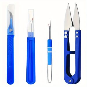 Conjunto de 4 unidades de cortador de pontos azul com cortador de fio, ferramenta de costura de plástico com cabo e tesoura – Ferramentas essenciais para artesanato de costura DIY, acessórios de costura para remoção rápida de pontos