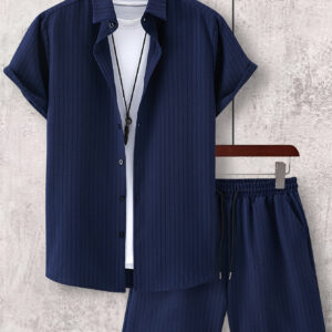 Conjunto de roupas casuais masculinas | Camisa de lapela listrada confortável de manga curta com botões e shorts combinando | Roupa de lazer de verão para homens