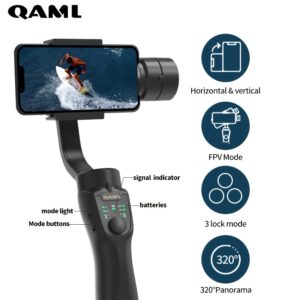 Suporte para Telefone QAML F8 de Gimbal de 3 Eixos Portátil – Estabilizador de Vídeo Anti-Vibração com Bateria Recarregável USB e Sem Fio, Ajuste Horizontal e Vertical para Smartphones iPhone e Xiaomi, Montagem para Câmera de Ação|Design Preto Elegante|Controles Precisos