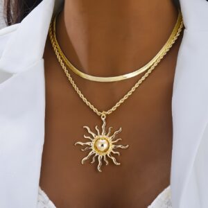Colar Elegante de Camada Dupla com Pingente de Chama de Sol em Osso de Cobra para Mulheres, Liga de Zinco, Acessório de Joias da Moda para Todas as Estações