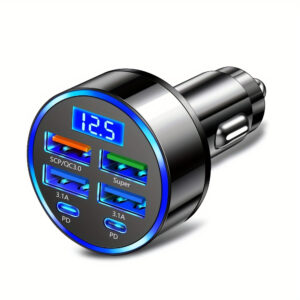 Adaptador de Carro para Carregamento Rápido [6-em-1] Carregador de Carro com Carregamento Rápido 2 PD e 4 USB, Visor Digital, Cabeça de Carregamento Rápida para Celular 6-em-1, Adaptador de Telefone para Carro 7A QC3.0, Acessórios para Carro