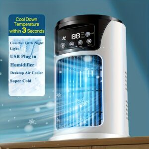 Condicionador de Ar Portátil 3 em 1, Humidificador e Ventilador USB – Super Frio, Super Silencioso, Resfria em 3 Segundos, Luz Noturna Colorida, Plug USB, Arrefecedor de Ar para Casa e Escritório, Operação Silenciosa | Estética Moderna | Alimentado por USB, Condicionador de Ar Portátil