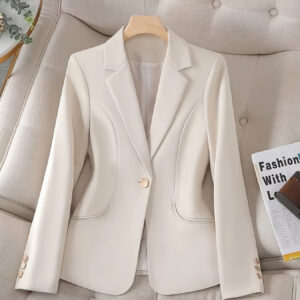 Blazer Elegante Feminino para Escritório – Poliéster, Manga Longa, Cor Sólida, Fechamento com Botões