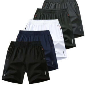 Shorts masculinos ativos com cordão e bolsos com zíper seguros, pacote com 5 unidades – Treinamento respirável e estiloso e uso diário, mistura de poliéster e elastano, cor sólida casual com leve elasticidade, shorts de tecido soltos