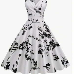 Vestido vintage com estampa floral para mulher, decote em V, sem mangas, cintura alta, vestido de balanço, poliéster 97% spandex 3%, tecido de malha, estilo pendular, primavera/verão/outono, 200g/m² – Vestido elegante para adultos