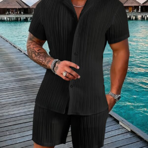 Conjunto casual de 2 peças para homens, camisa de botão de cor sólida e shorts para uso casual no verão